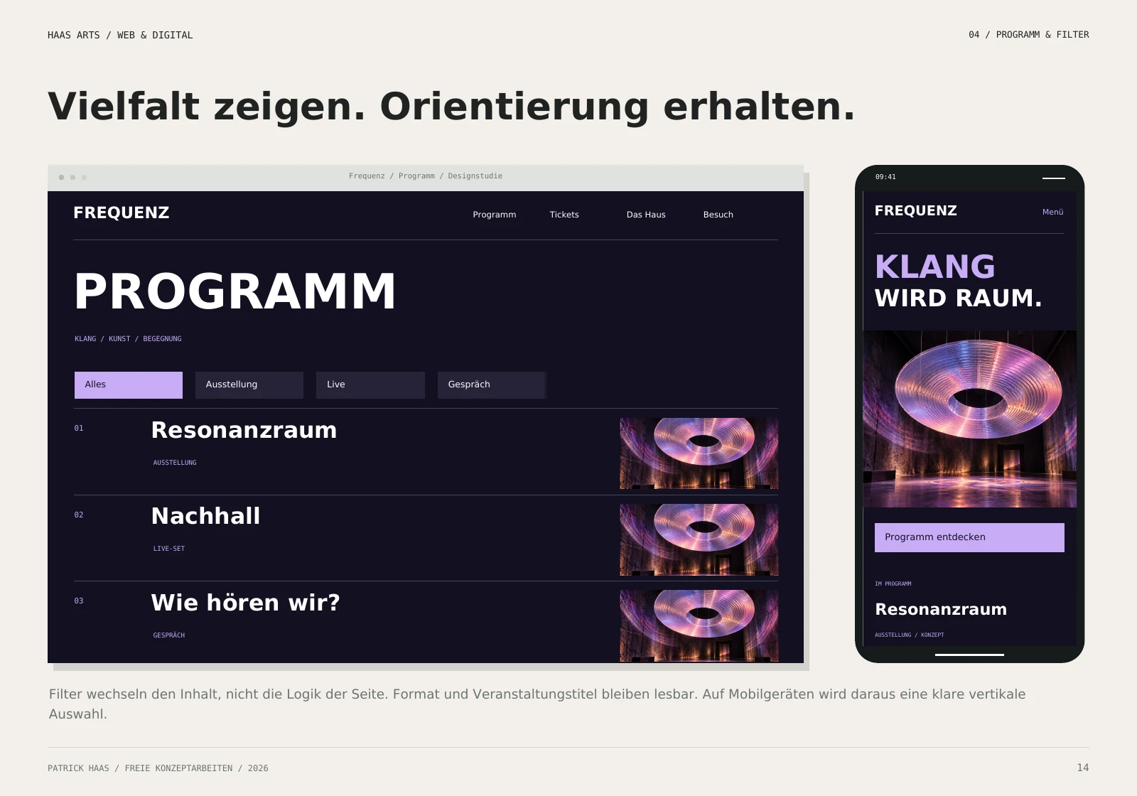 Frequenz: Programmfilter auf Desktop und vertikale Mobilansicht