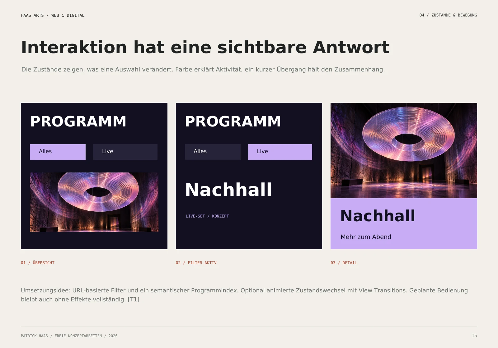 Frequenz: statische Zustände Übersicht, aktiver Filter und Veranstaltungsdetail