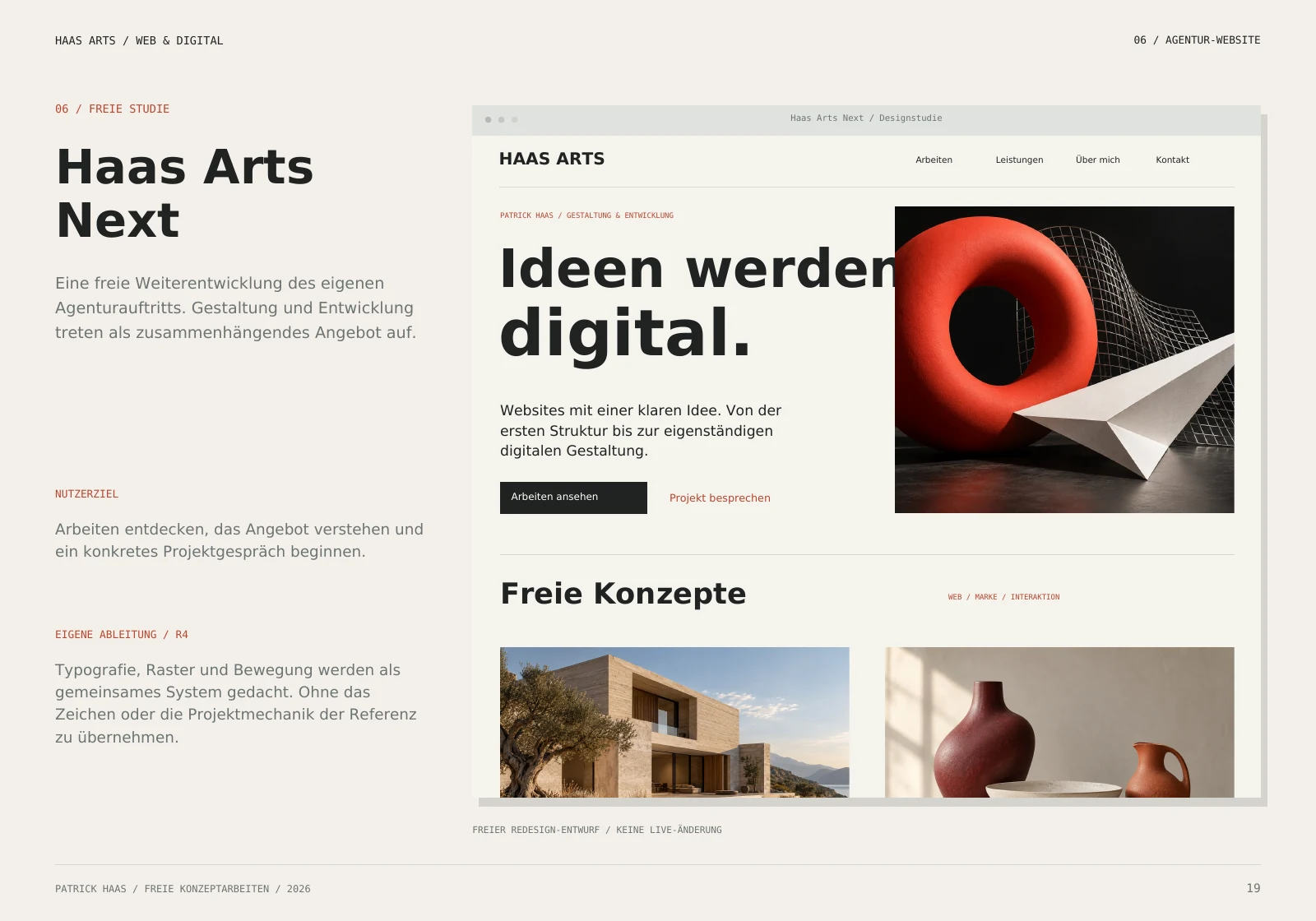 Haas Arts Next: freier Redesign-Entwurf, keine Live-Änderung der Website