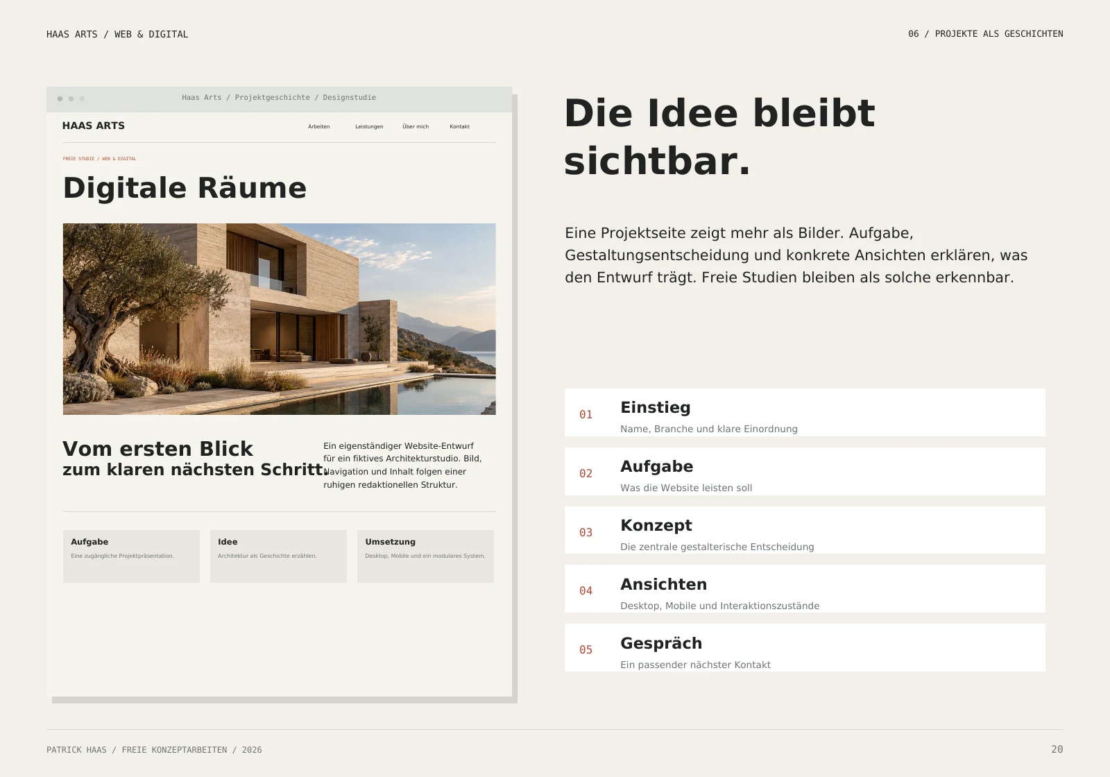Haas Arts Next: geplante Projektgeschichte mit Aufgabe, Idee und Ansichten