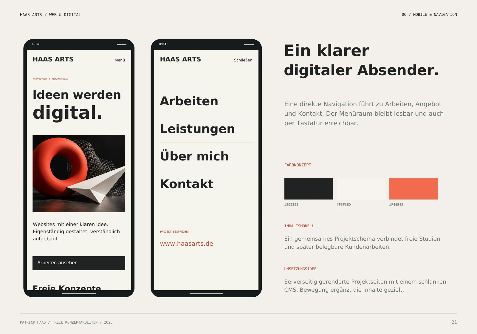 Haas Arts Next: mobile Startseite und Menü als statische Designstudie