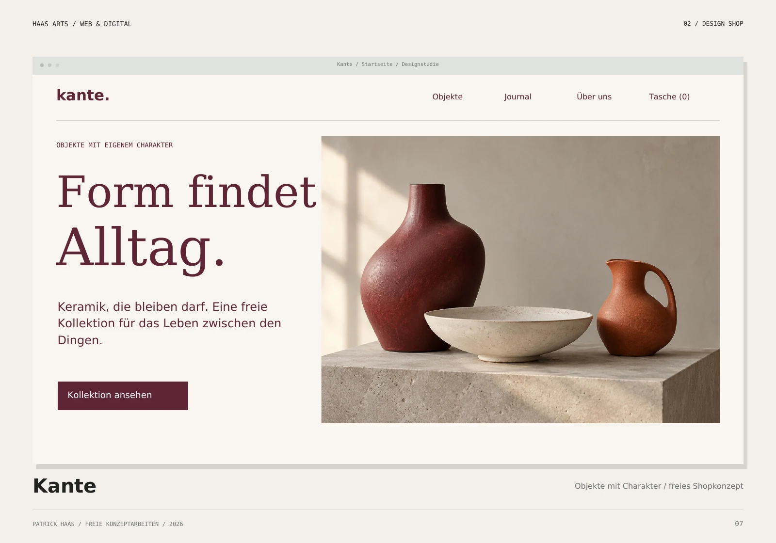 Kante: freie Shop-Startseite mit Keramikmotiven und Kollektion