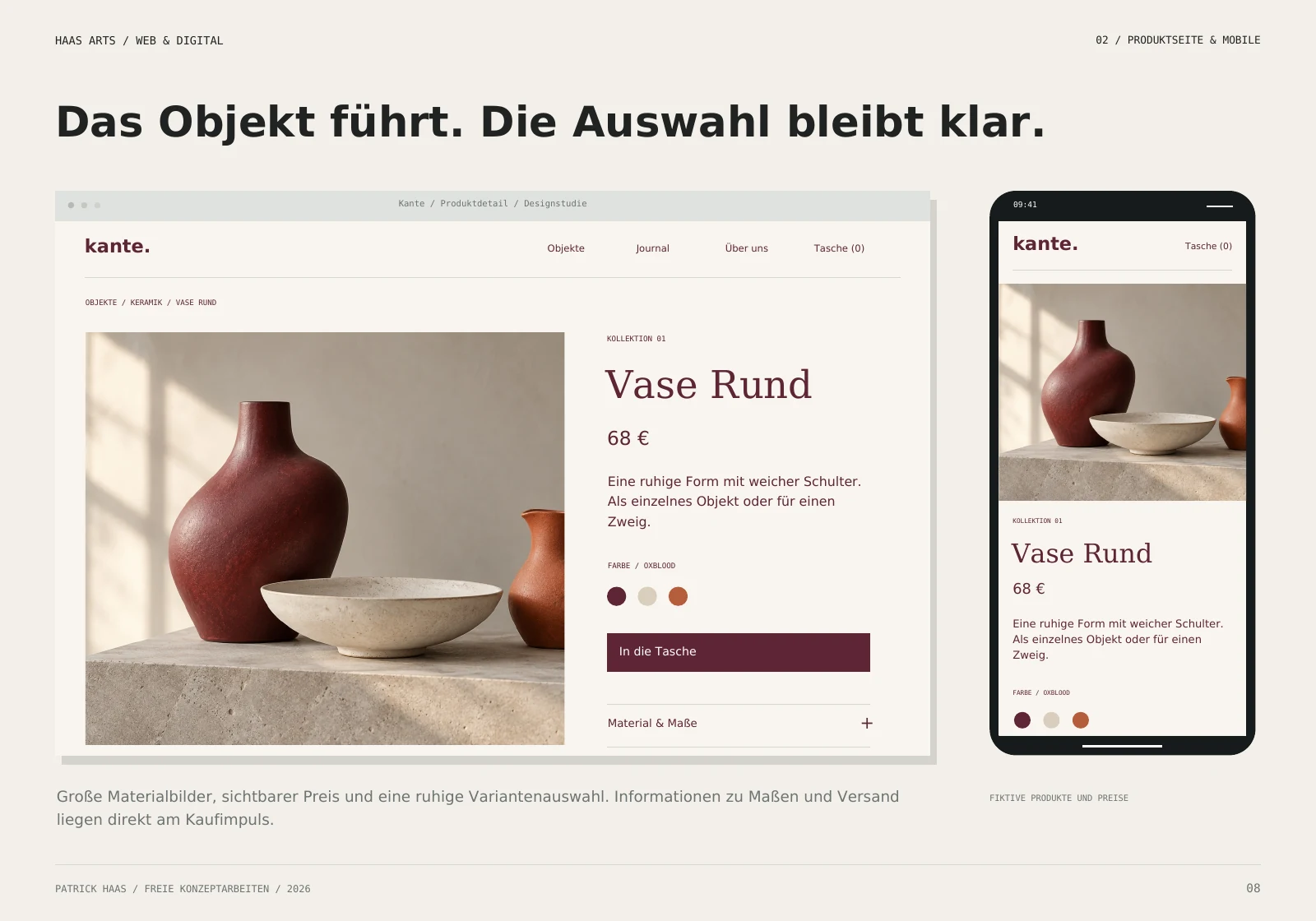 Kante: Produktdetail auf Desktop und Mobil mit fiktivem Preis und Farbauswahl