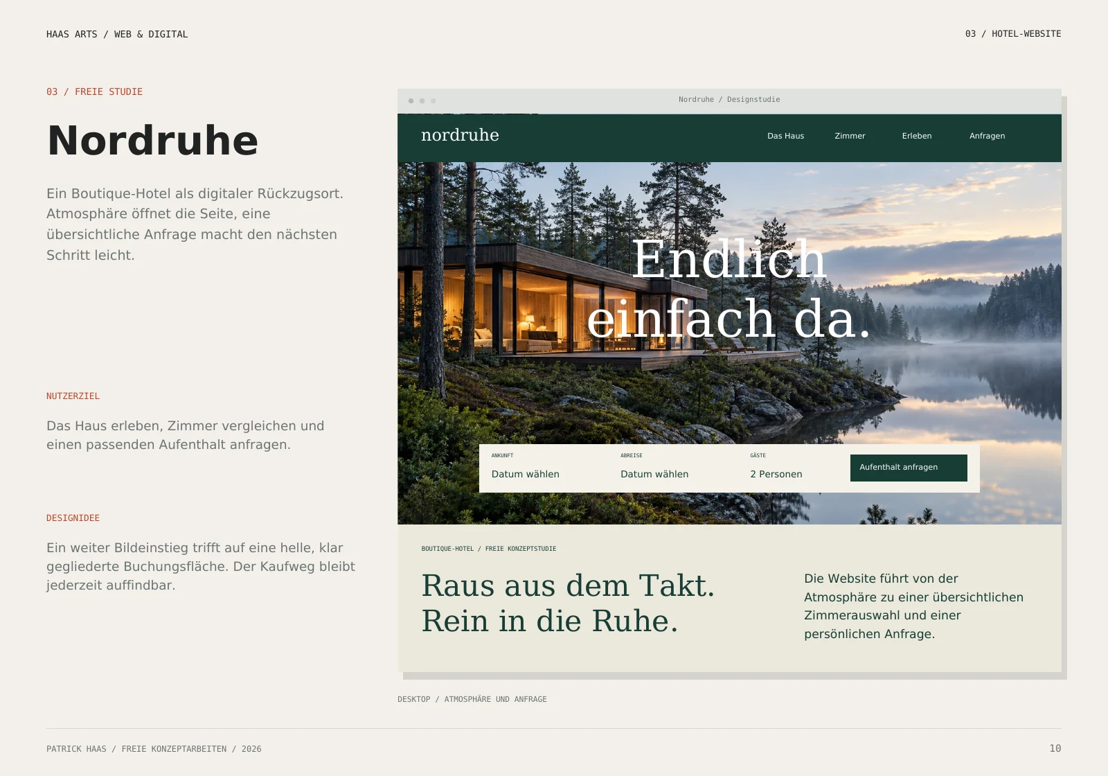 Nordruhe: Hotel-Startseitenentwurf mit Landschaft und Anfragefläche