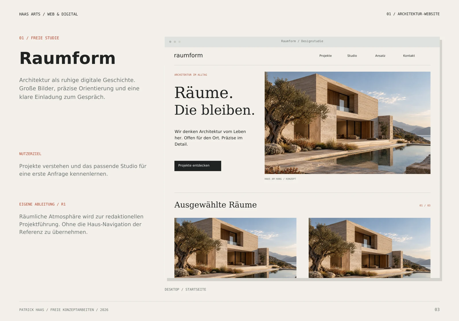 Raumform: Desktop-Entwurf für ein Architekturstudio mit großem Projektbild und ruhiger Navigation
