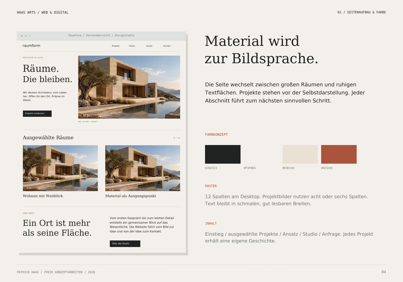Raumform: Seitenübersicht, Farbpalette und redaktionelles Raster