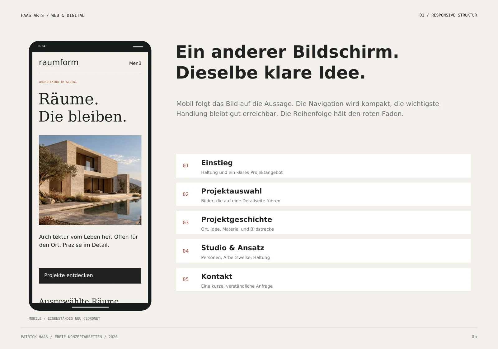 Raumform: mobile Reihenfolge von Einstieg, Projekten, Studio und Kontakt