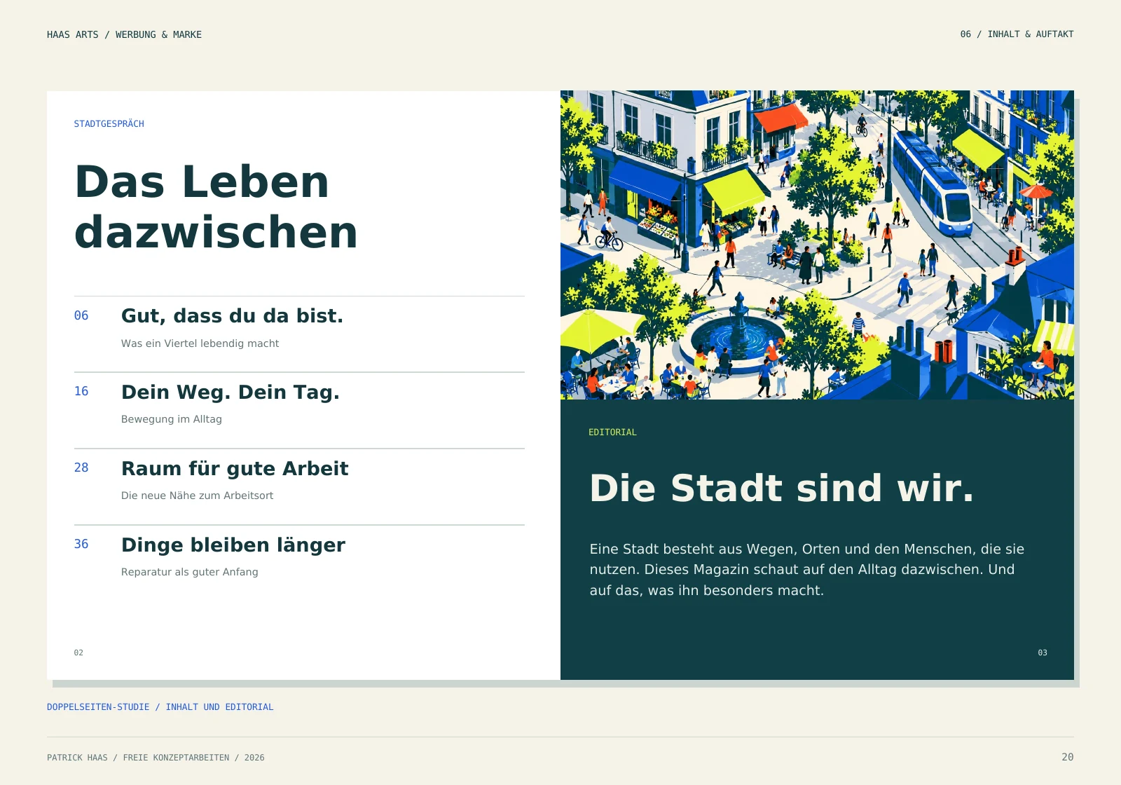 Stadtgespräch: Inhaltsverzeichnis und Editorial als Doppelseitenentwurf