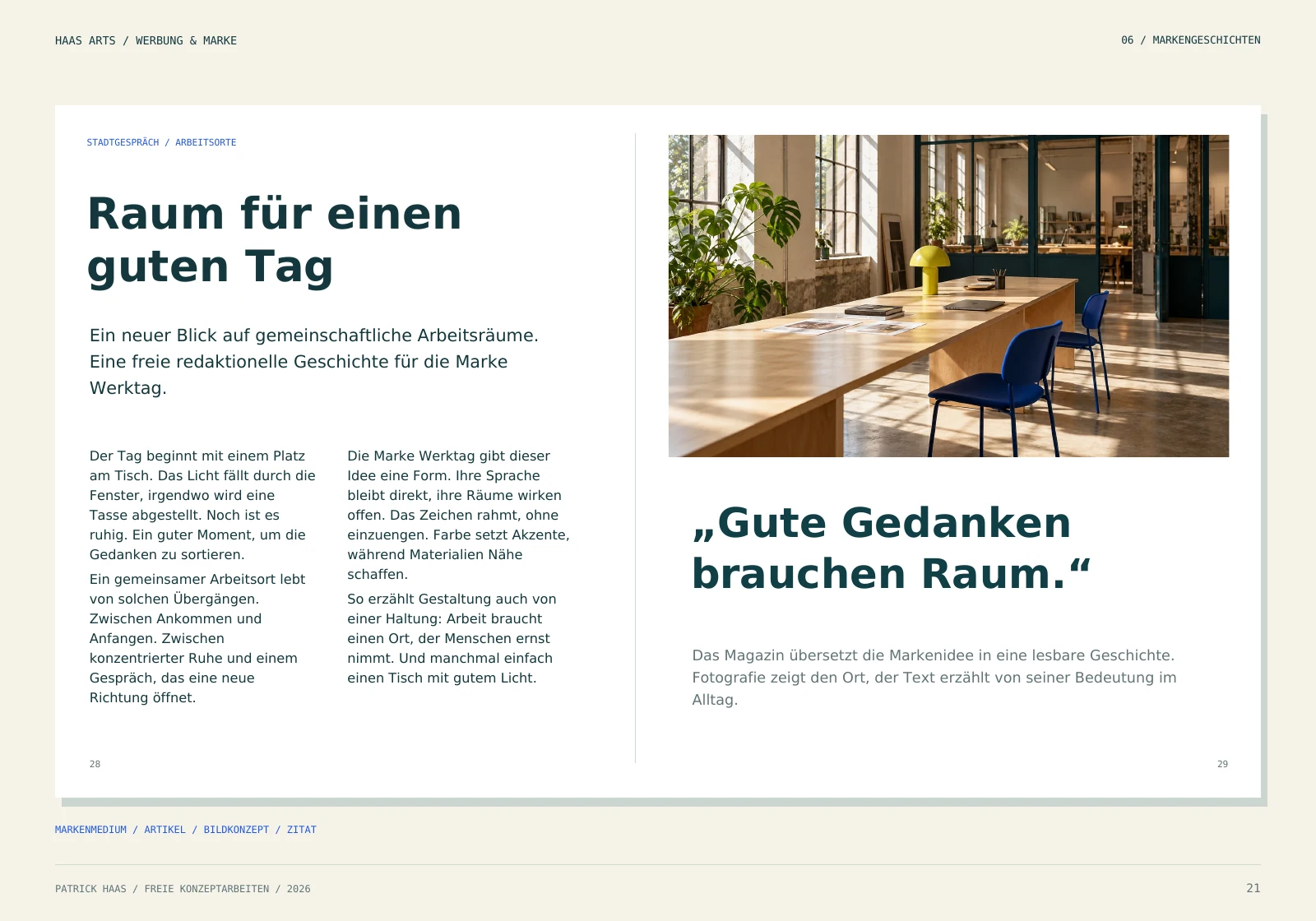 Stadtgespräch: redaktionelle Doppelseitenstudie zu Arbeitsorten mit Bild und Zitat