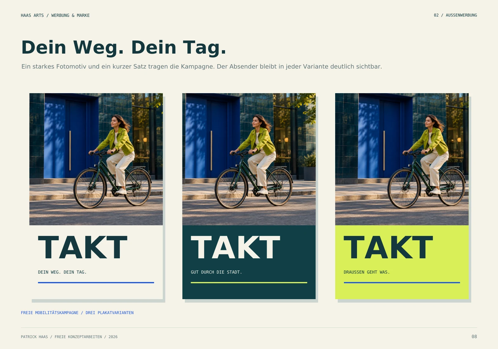 Takt: drei freie Mobilitätsplakate mit kurzen Botschaften